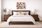 Colorful Geometric Abstract Botanical printed on aluminum metal with wall anchors. Hung on a bedroom wall.
