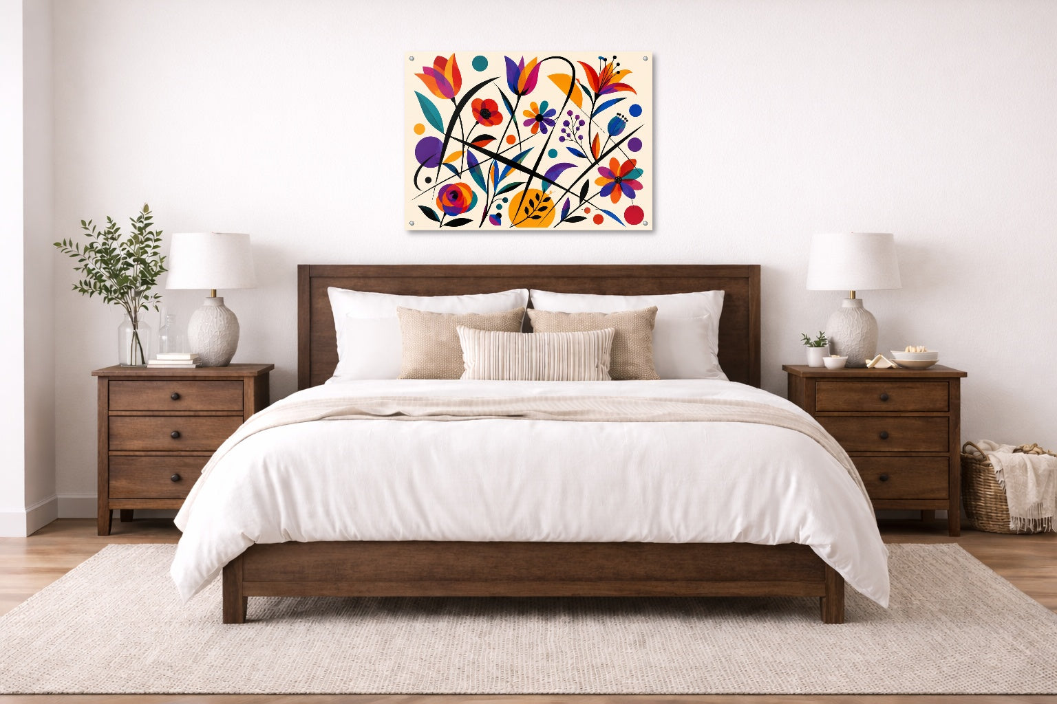 Colorful Geometric Abstract Botanical printed on aluminum metal with wall anchors. Hung on a bedroom wall.