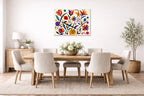 Colorful Geometric Abstract Botanical printed on aluminum metal with wall anchors. Hung on a dining room wall.