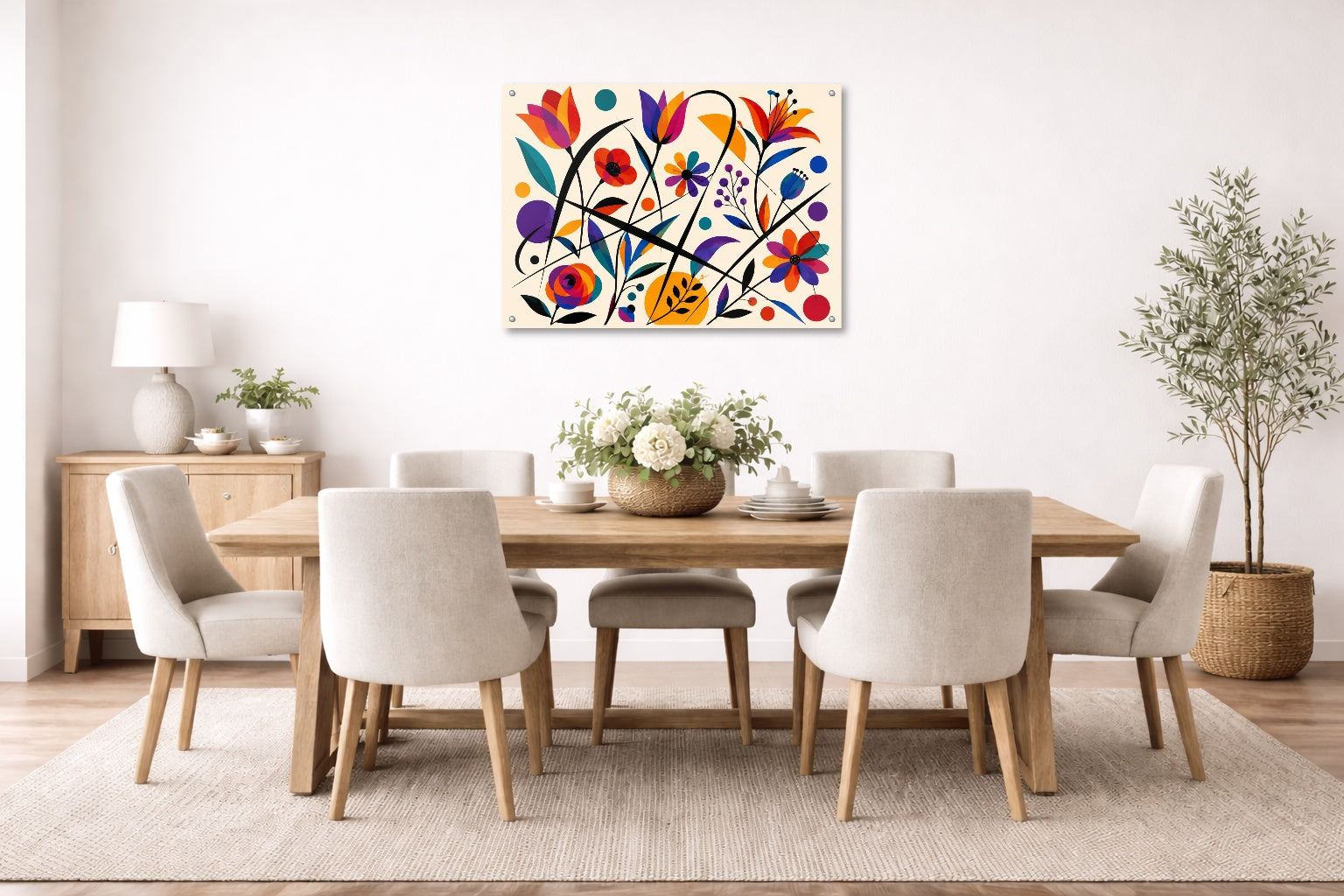 Colorful Geometric Abstract Botanical printed on aluminum metal with wall anchors. Hung on a dining room wall.