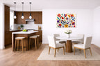 Colorful Geometric Abstract Botanical printed on aluminum metal with wall anchors. Hung on a kitchen-dinette wall.