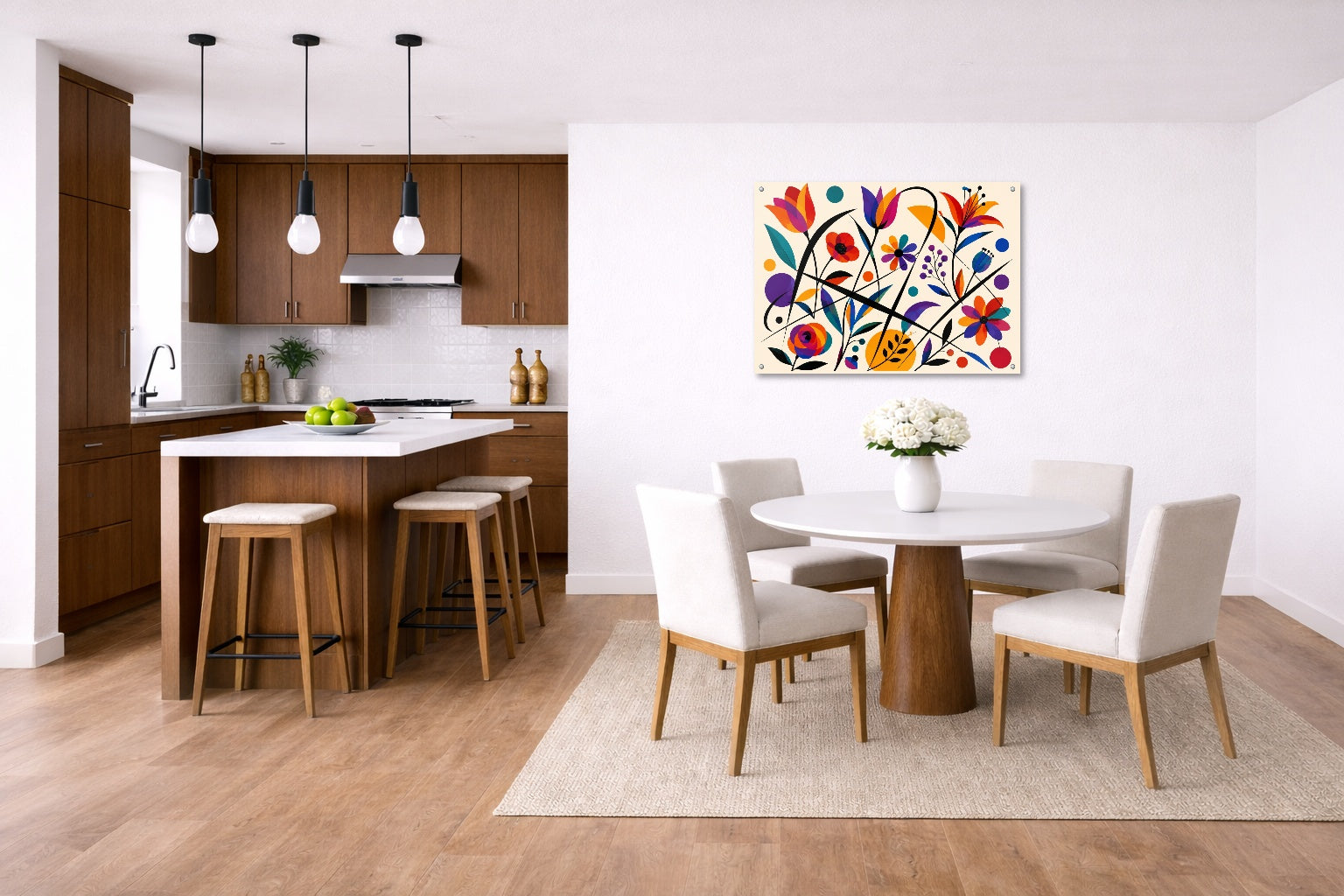 Colorful Geometric Abstract Botanical printed on aluminum metal with wall anchors. Hung on a kitchen-dinette wall.