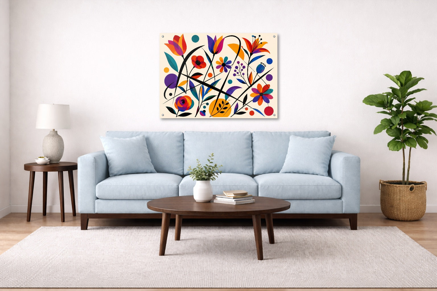 Colorful Geometric Abstract Botanical printed on aluminum metal with wall anchors. Hung on a living room wall.