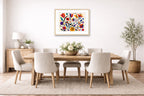 Colorful Geometric Abstract Botanical printed on fine art paper, framed on a oak frame and matted. Hung on a dining room wall.