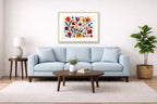 Colorful Geometric Abstract Botanical printed on fine art paper, framed on a oak frame and matted. Hung on a living room wall.