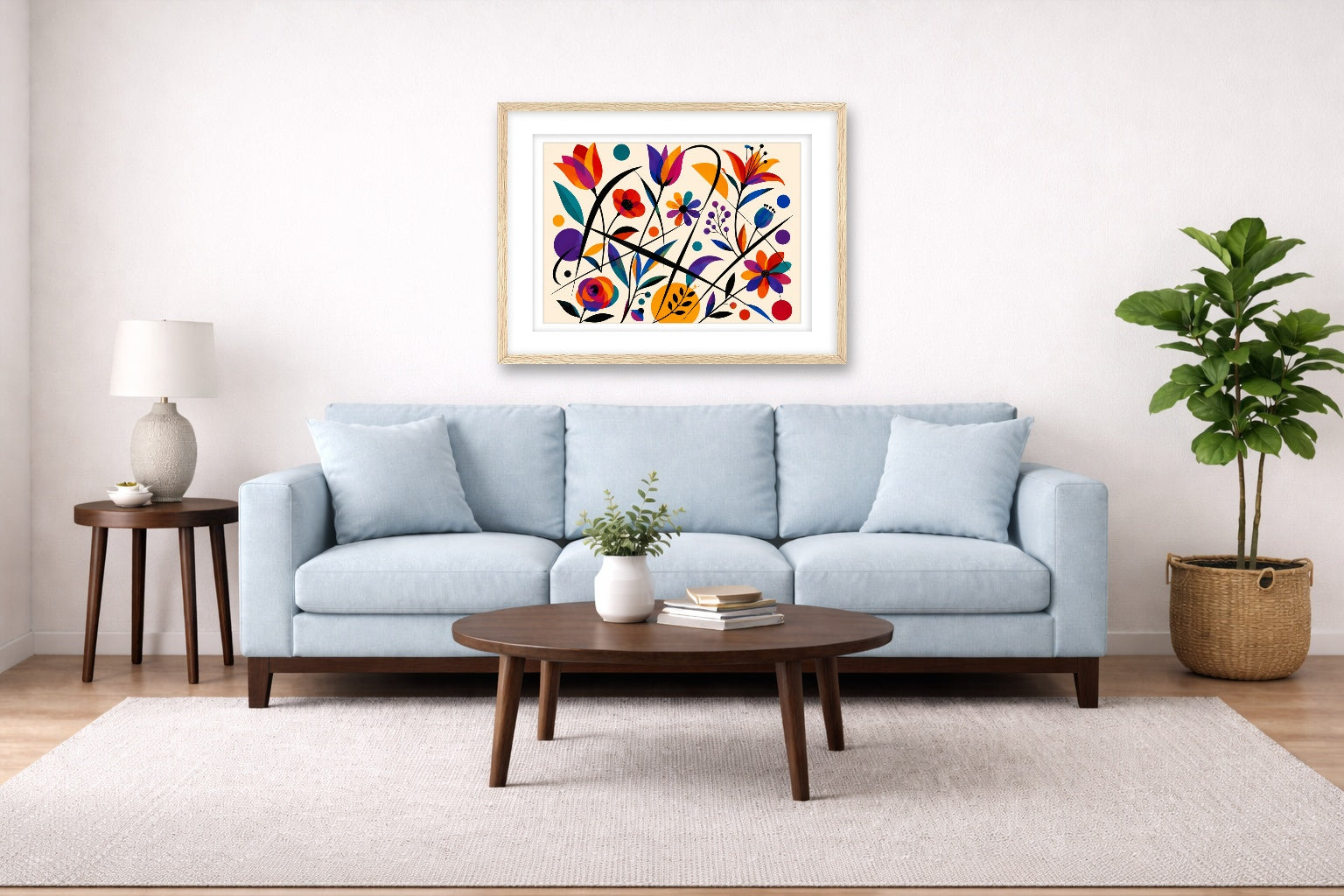 Colorful Geometric Abstract Botanical printed on fine art paper, framed on a oak frame and matted. Hung on a living room wall.