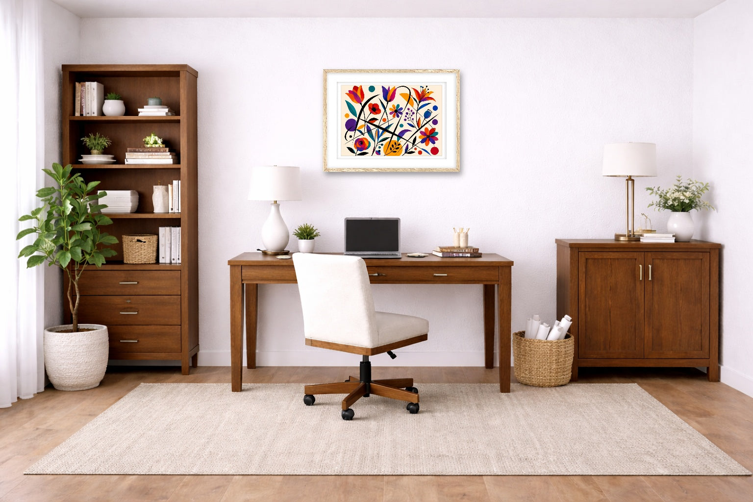 Colorful Geometric Abstract Botanical printed on fine art paper, framed on a oak frame and matted. Hung on a home office wall.