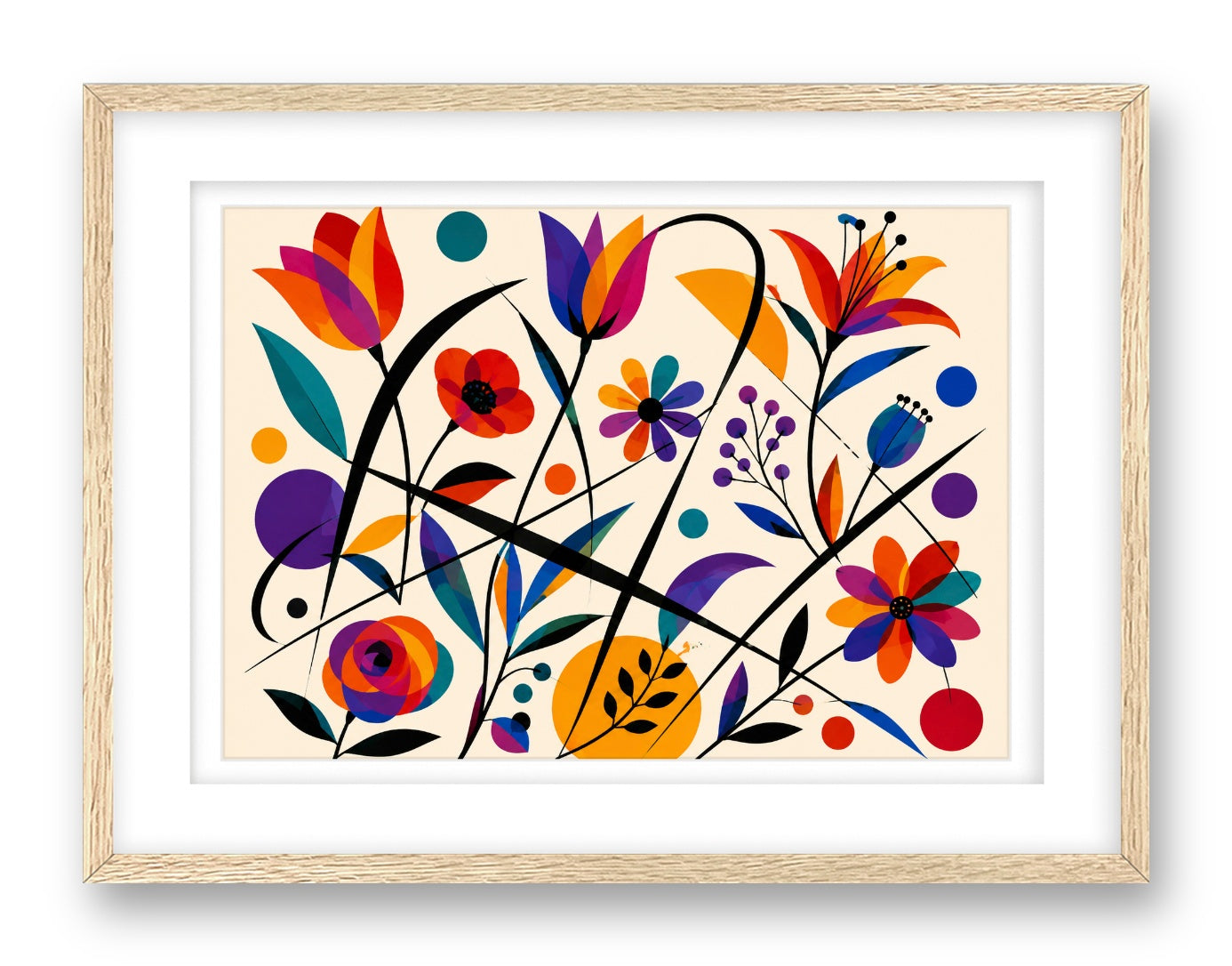 Colorful Geometric Abstract Botanical printed on fine art paper, framed on a oak frame and matted.