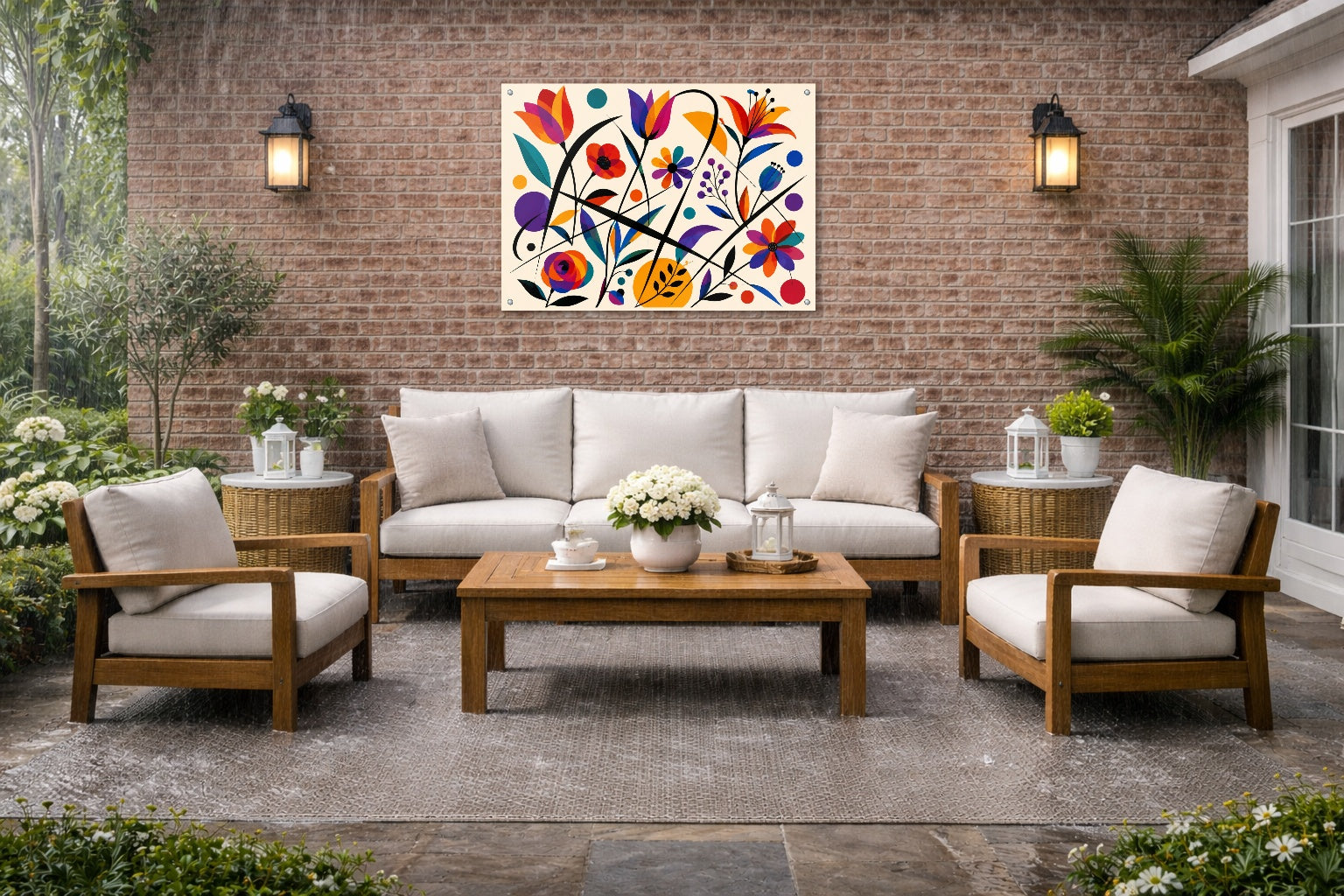 Colorful Geometric Abstract Botanical printed on water resistant canvas and mounted on a waterproof frame. Hung on a patio wall.