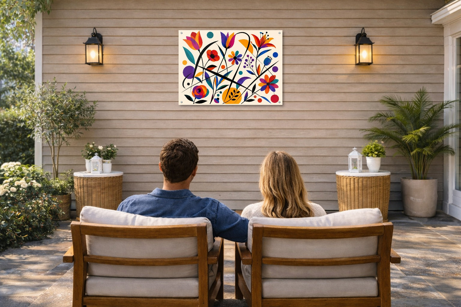 Colorful Geometric Abstract Botanical printed on water resistant canvas and mounted on a waterproof frame. Hung on a patio wall with couple.