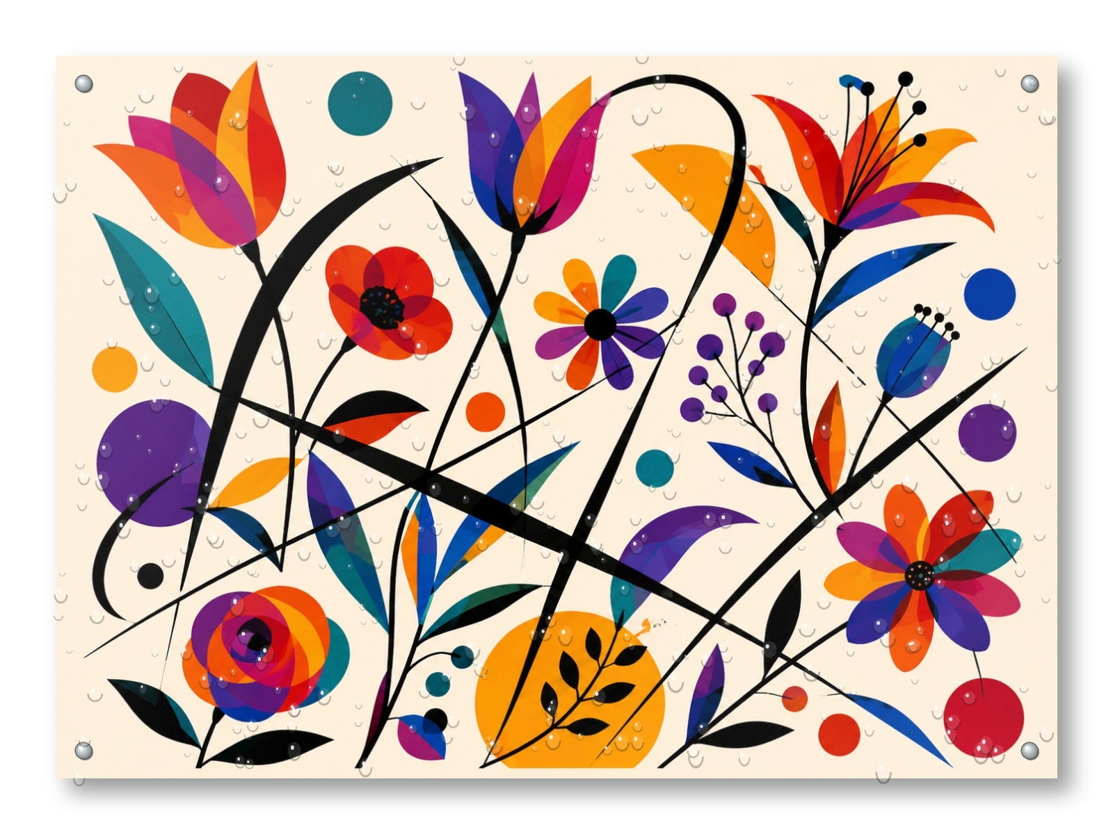 Colorful Geometric Abstract Botanical printed on water resistant canvas and mounted on a waterproof frame.