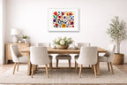 Colorful Geometric Abstract Botanical printed on fine art paper, framed on a white frame and matted. Hung on a dining room wall.
