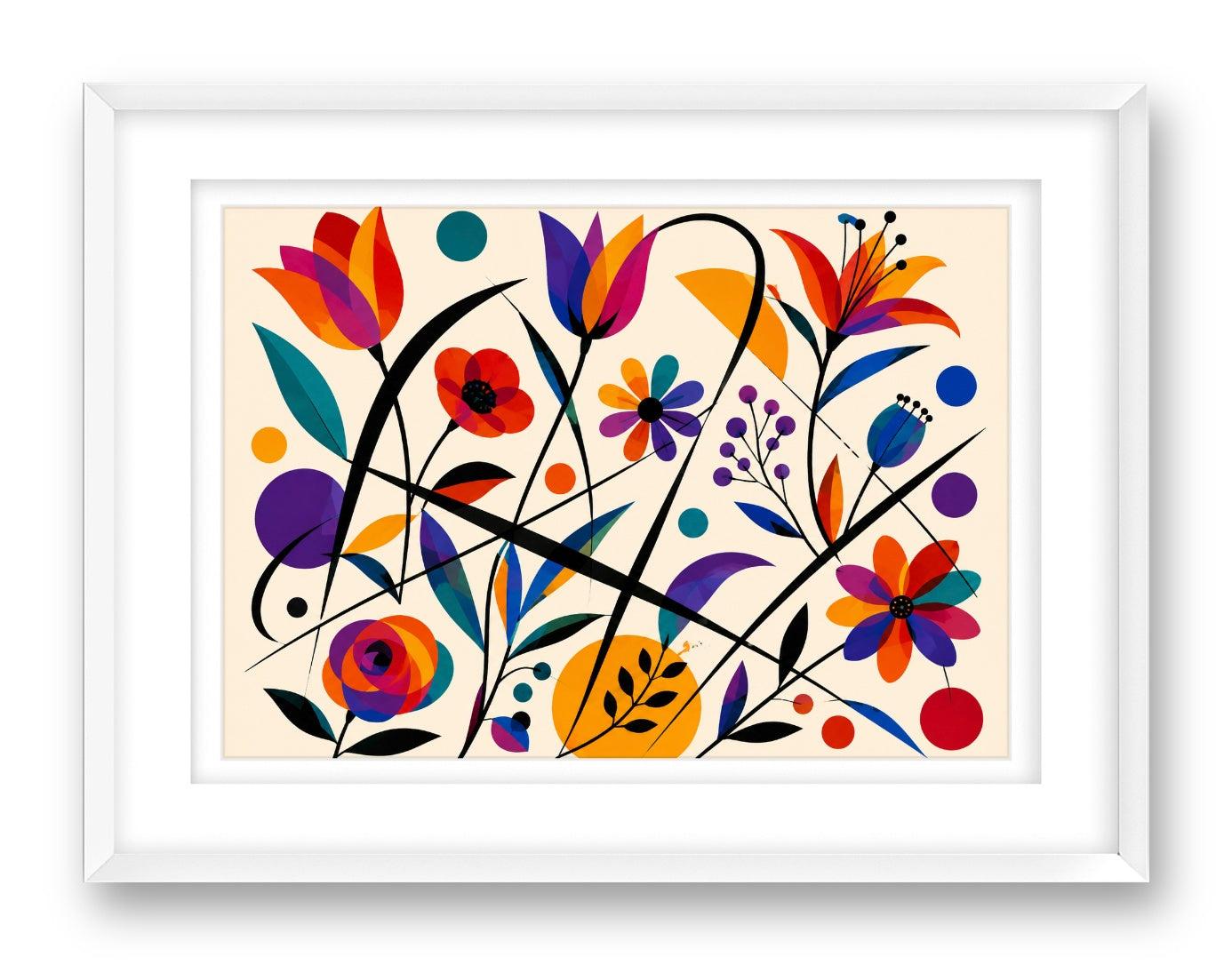 Colorful Geometric Abstract Botanical printed on fine art paper, framed on a white frame and matted.