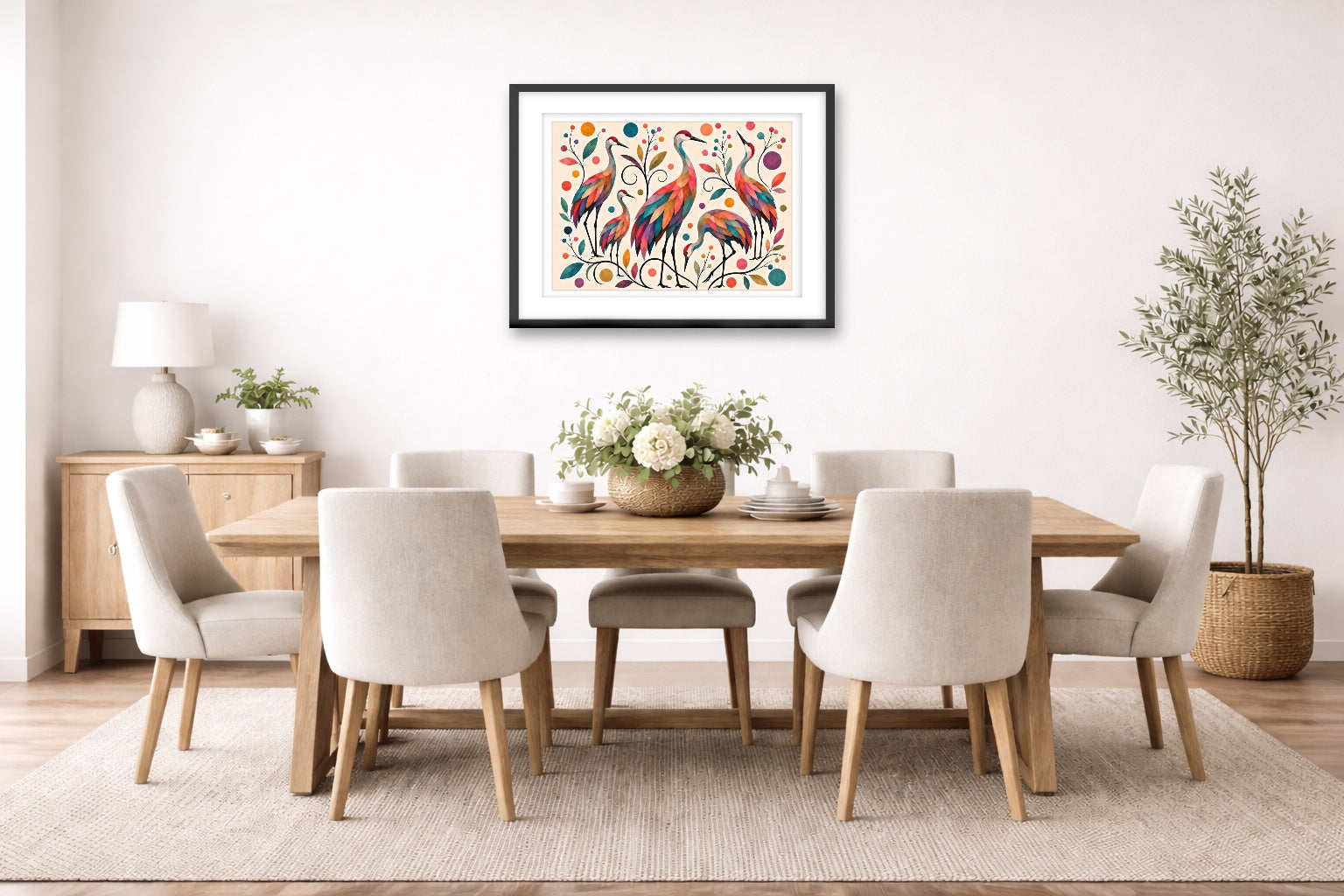 Sandhill Crane-Geometric Design printed on fine art paper, framed on a black frame and matted and hung on a dining room wall.