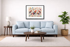 Sandhill Crane-Geometric Design printed on fine art paper, framed on a black frame and matted and hung on a Living Room wall above a couch