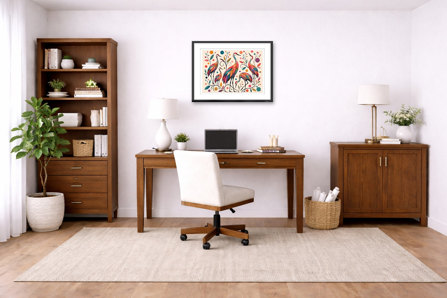 Sandhill Crane-Geometric Design printed on fine art paper, framed on a black frame and matted and hung on a wall on an home office wall.