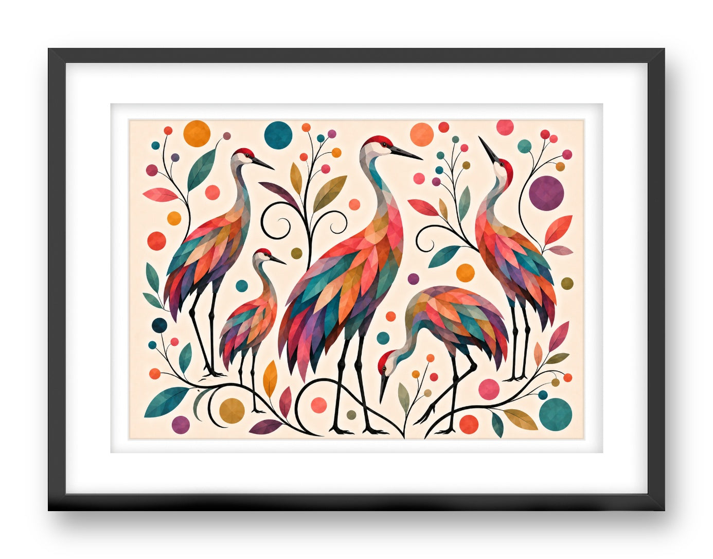 Sandhill Crane-Geometric Design printed on fine art paper, framed on a black frame and matted.