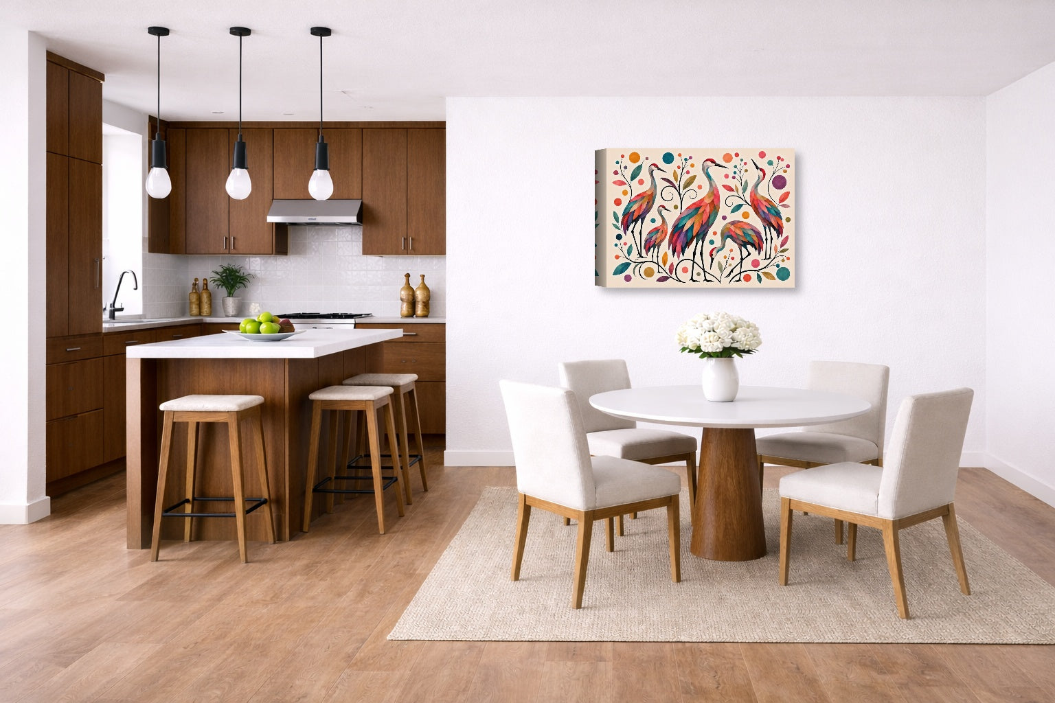 Sandhill Crane-Geometric Design printed on canvas wall art displayed on a wall in a dinette.