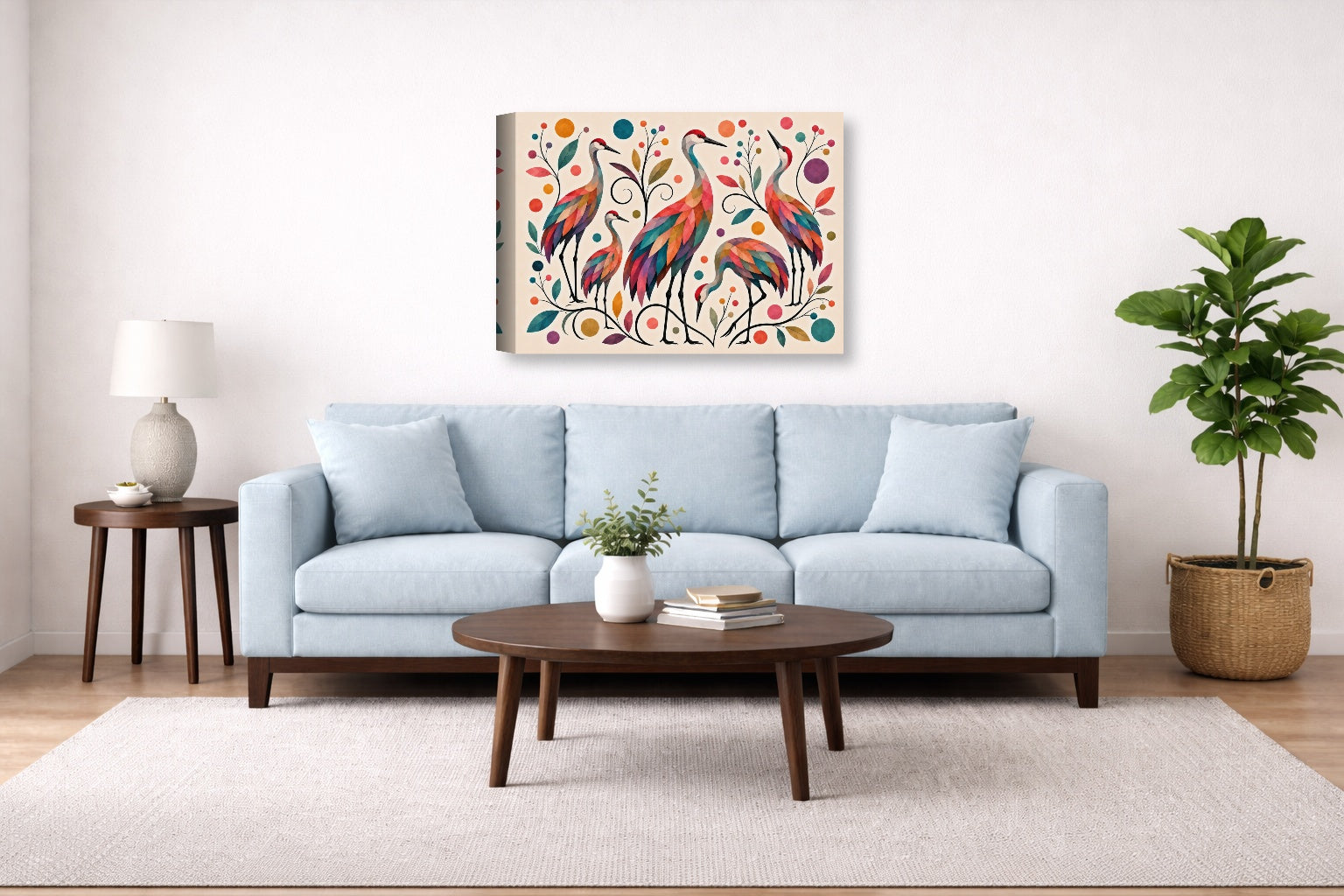 Sandhill Crane-Geometric Design printed on canvas wall art displayed above a couch in a living room