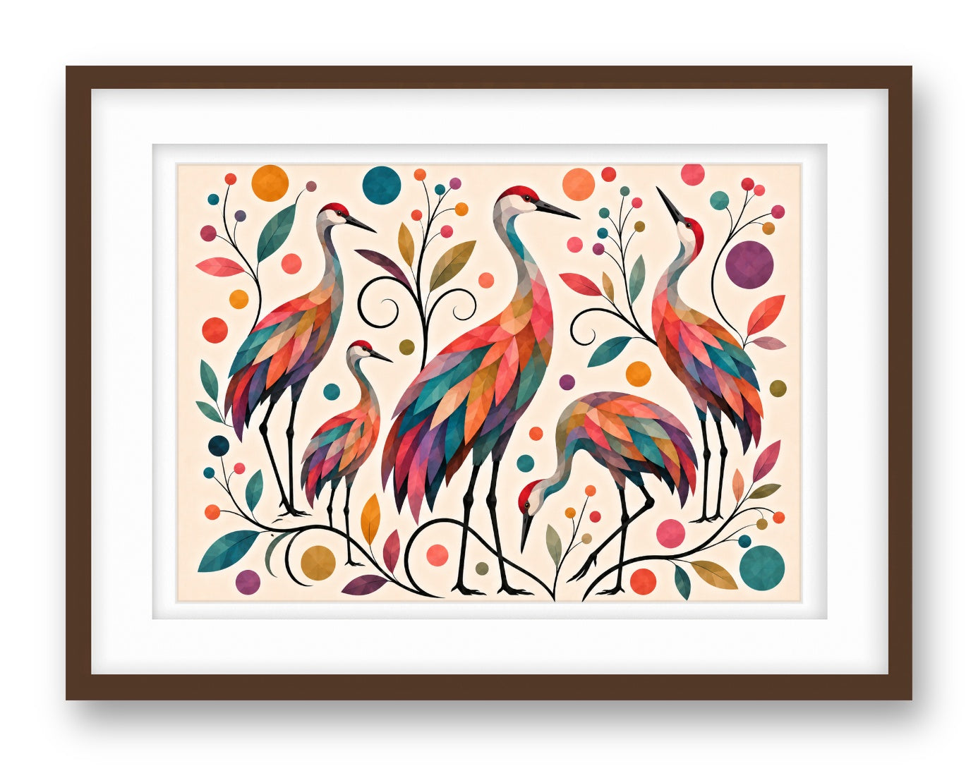 Sandhill Crane-Geometric Design printed on fine art paper, framed on a espresso frame and matted.