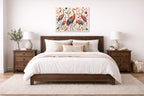 Sandhill Crane-Geometric Design printed on aluminum metal with wall anchors. Hung on a bedroom wall.
