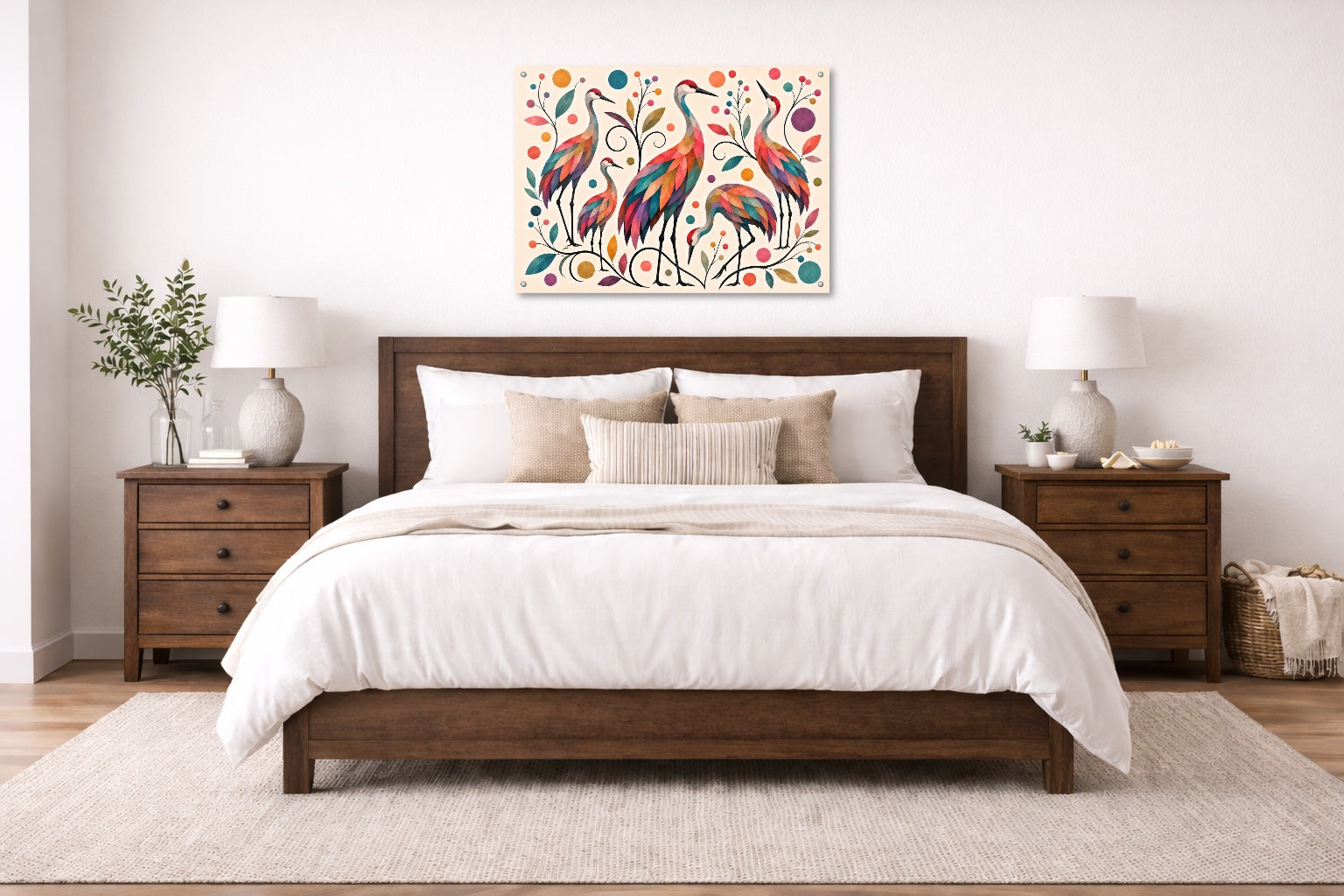 Sandhill Crane-Geometric Design printed on aluminum metal with wall anchors. Hung on a bedroom wall.