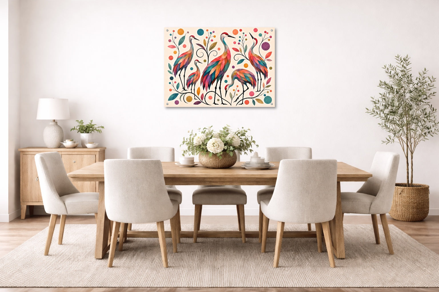 Sandhill Crane-Geometric Design printed on aluminum metal with wall anchors. Hung on a dining room wall.