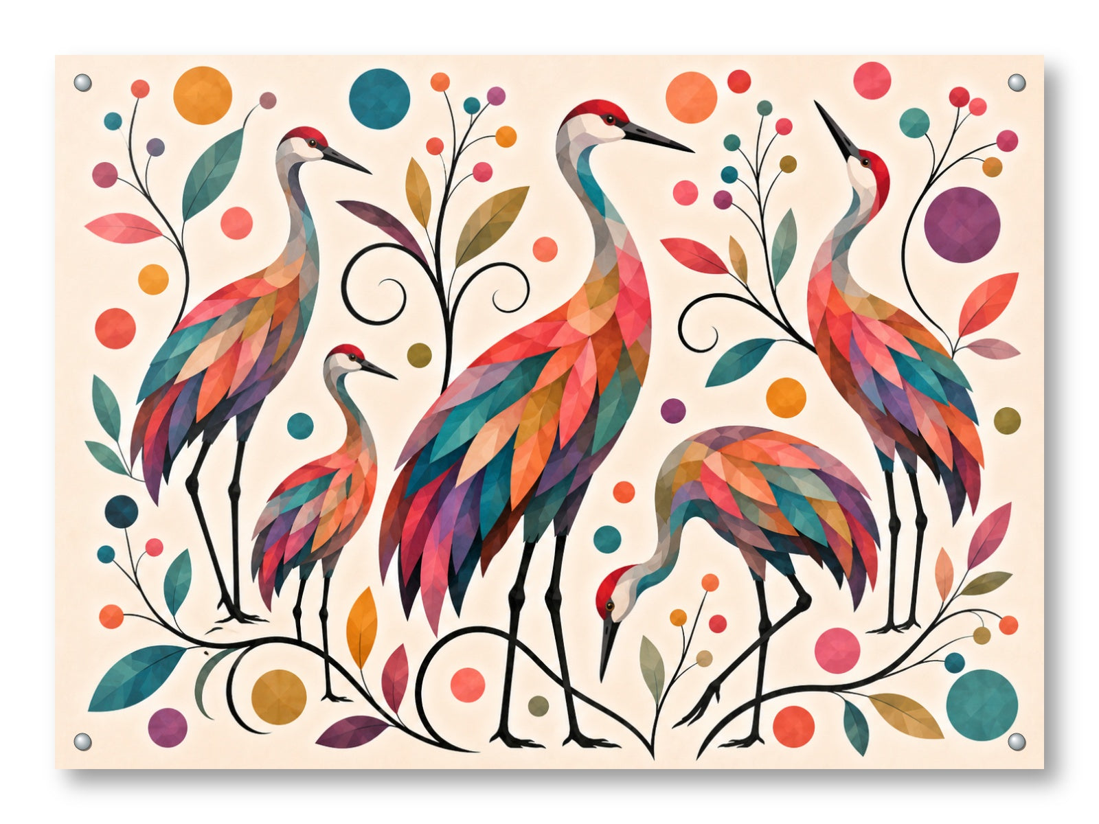 Sandhill Crane-Geometric Design printed on aluminum metal with wall anchors.