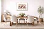 Sandhill Crane-Geometric Design printed on fine art paper, framed on a oak frame and matted. Hung on a dining room wall.