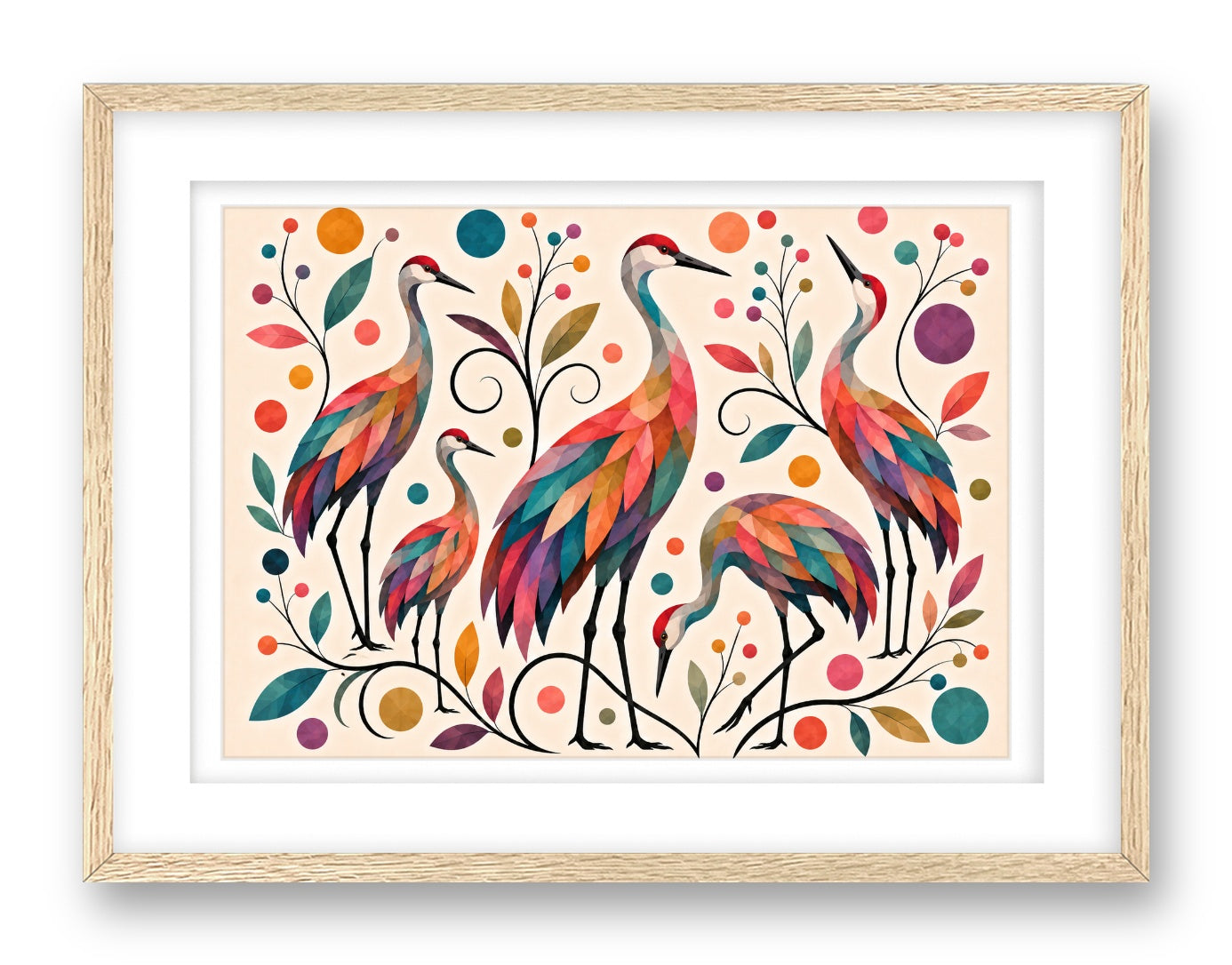 Sandhill Crane-Geometric Design printed on fine art paper, framed on a oak frame and matted.