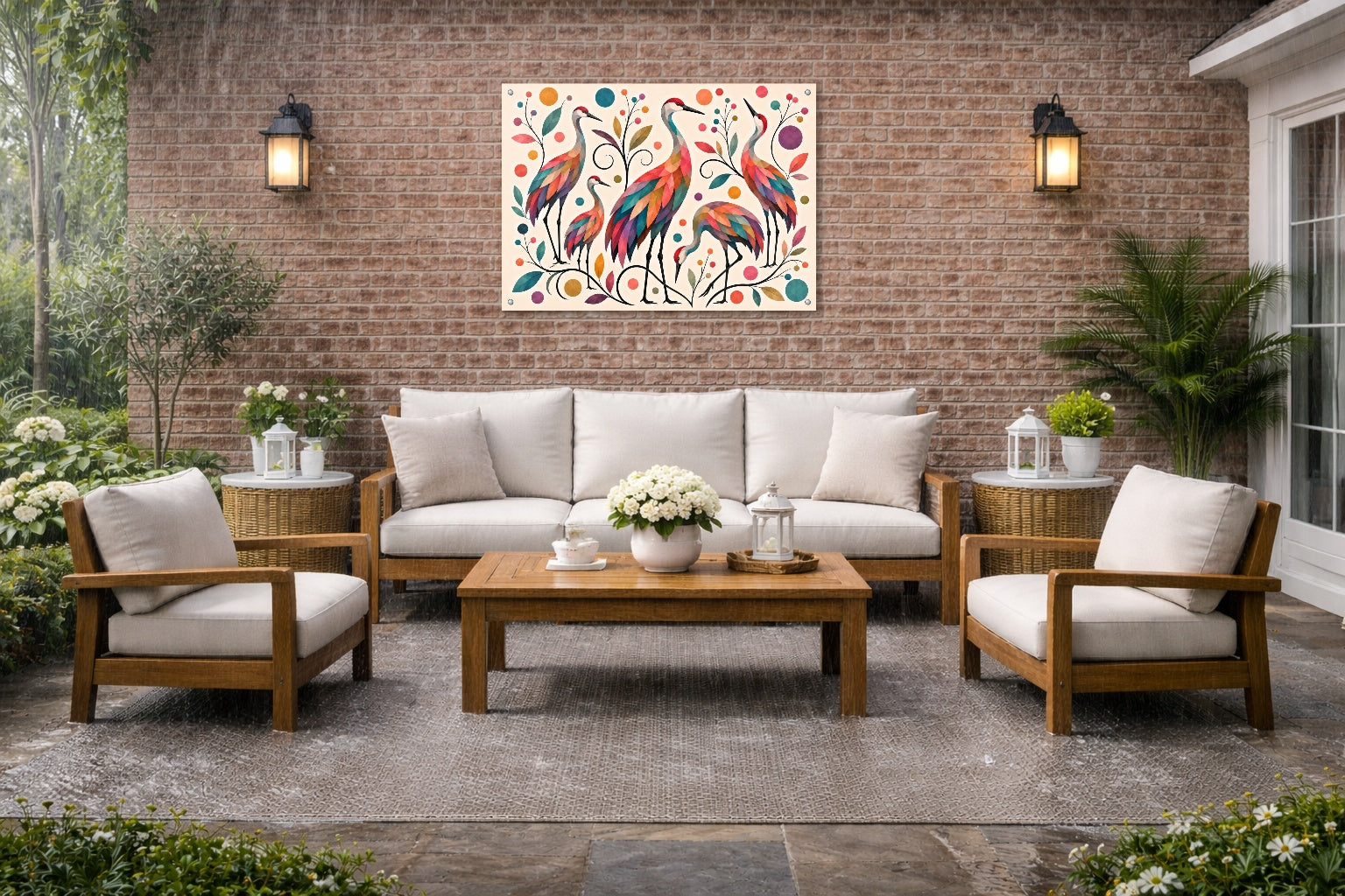 Sandhill Crane-Geometric Design printed on water resistant canvas and mounted on a waterproof frame. Hung on a patio wall.