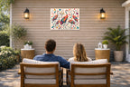 Sandhill Crane-Geometric Design printed on water resistant canvas and mounted on a waterproof frame. Hung on a patio wall with couple.