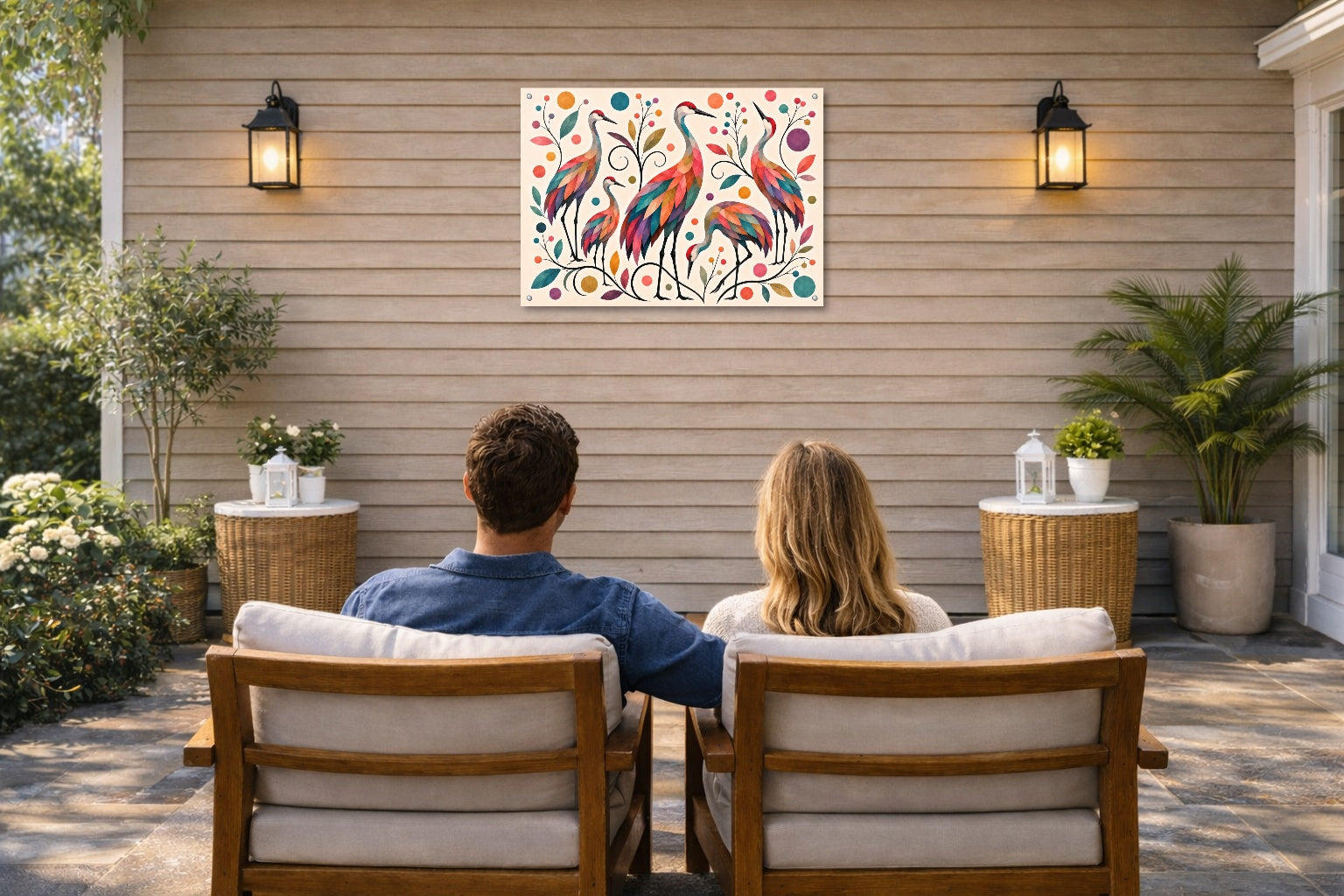 Sandhill Crane-Geometric Design printed on water resistant canvas and mounted on a waterproof frame. Hung on a patio wall with couple.