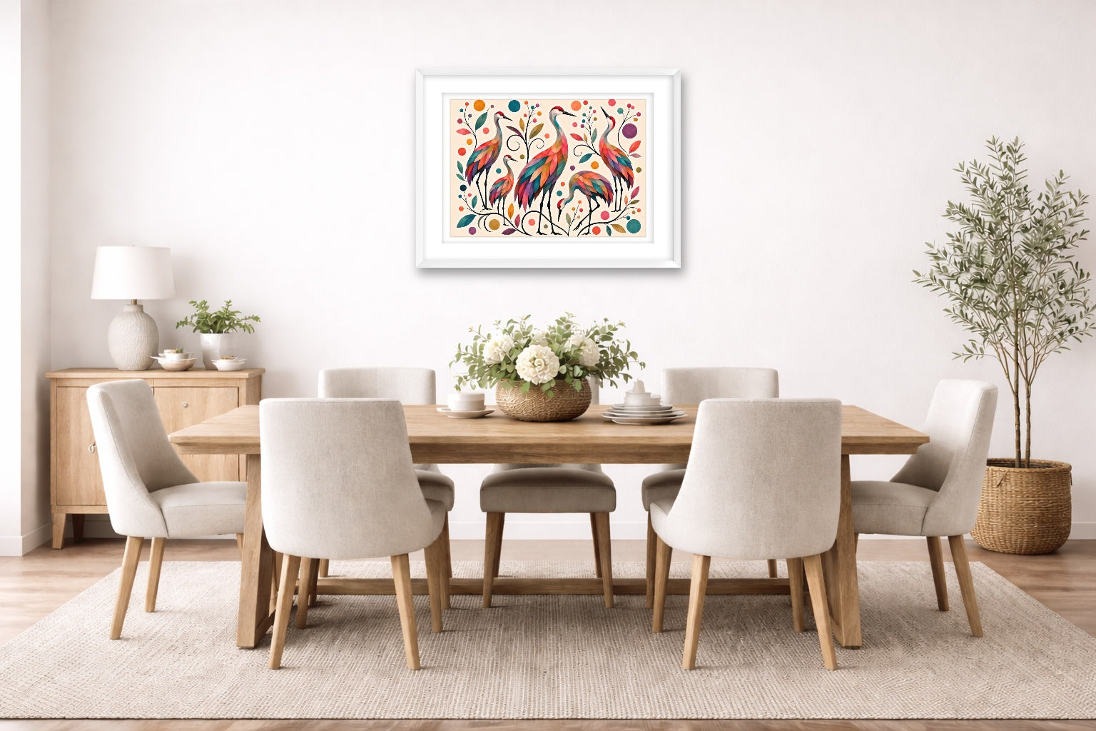 Sandhill Crane-Geometric Design printed on fine art paper, framed on a white frame and matted. Hung on a dining room wall.