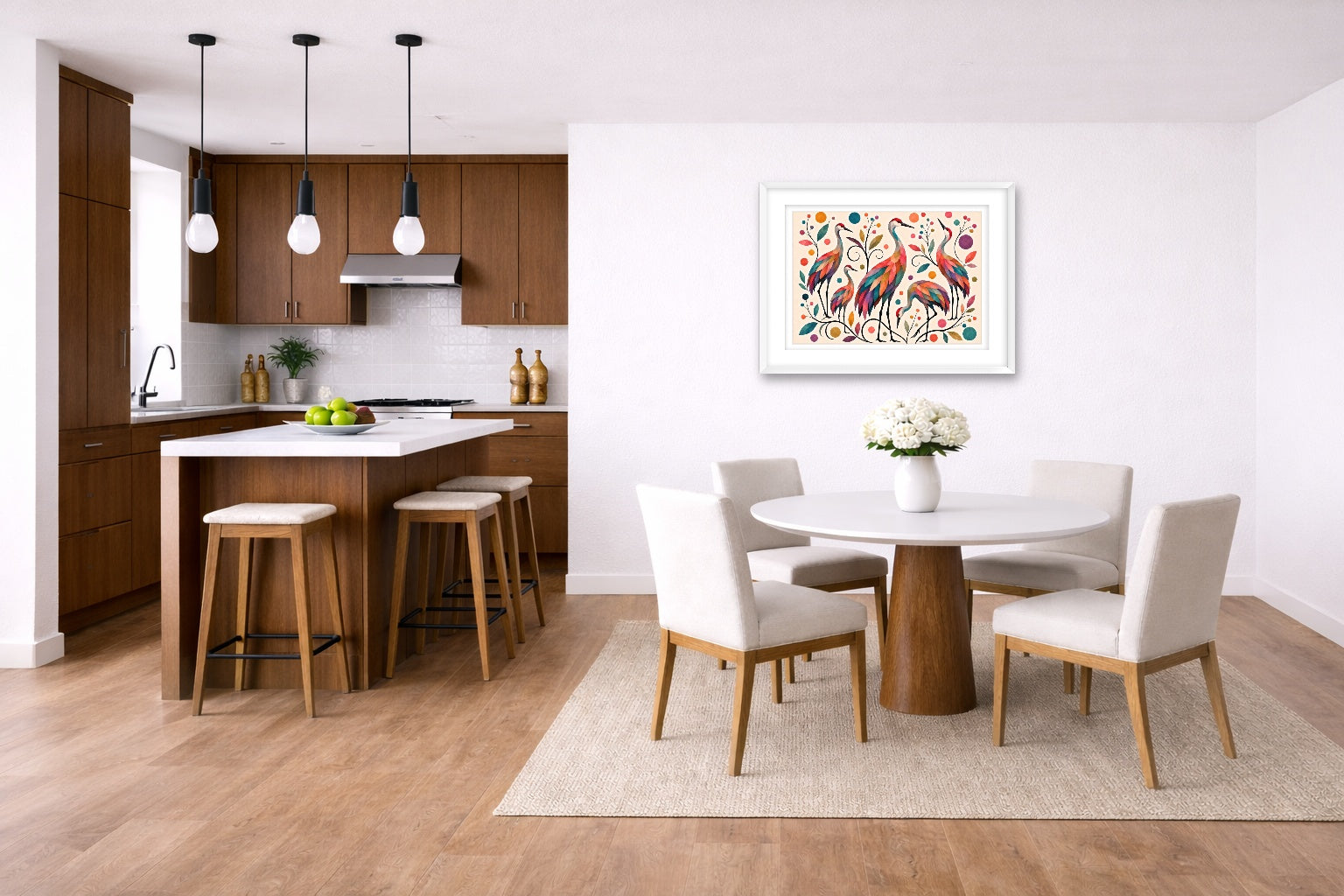 Sandhill Crane-Geometric Design printed on fine art paper, framed on a white frame and matted. Hung on a kitchen-dinette wall.