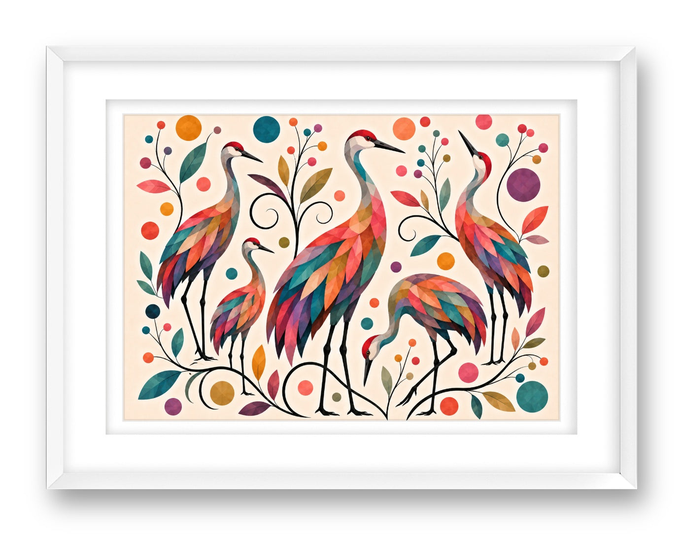 Sandhill Crane-Geometric Design printed on fine art paper, framed on a white frame and matted.