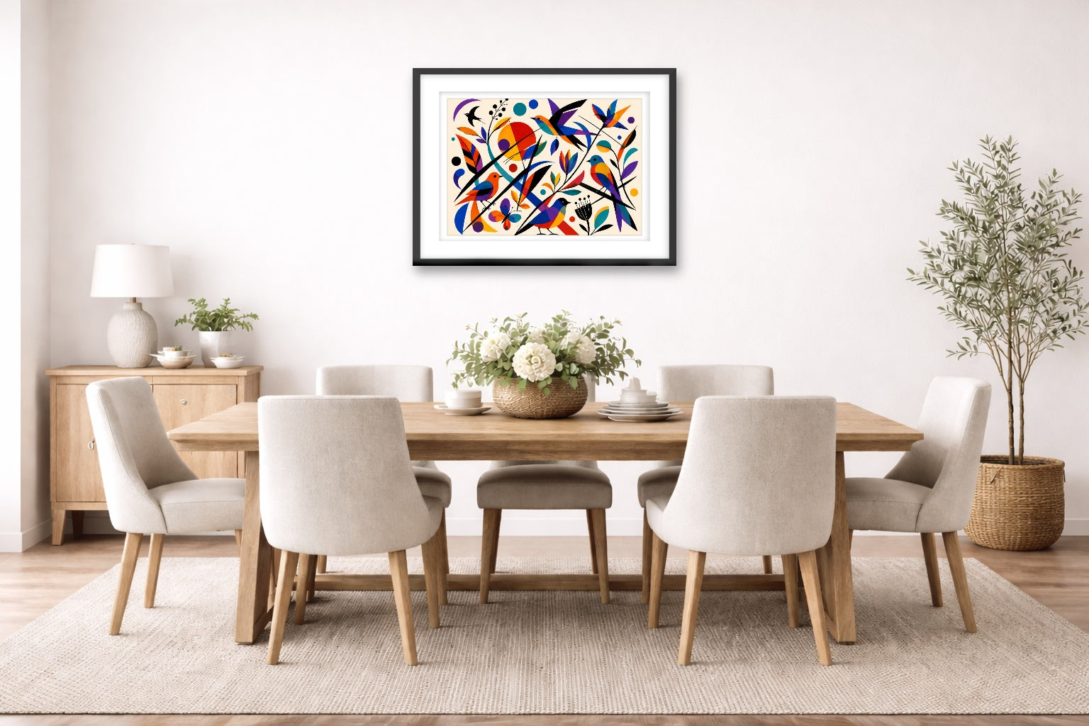 Geometric Bird Painting printed on fine art paper, framed on a black frame and matted and hung on a dining room wall.