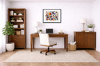 Geometric Bird Painting printed on fine art paper, framed on a black frame and matted and hung on a wall on an home office wall.