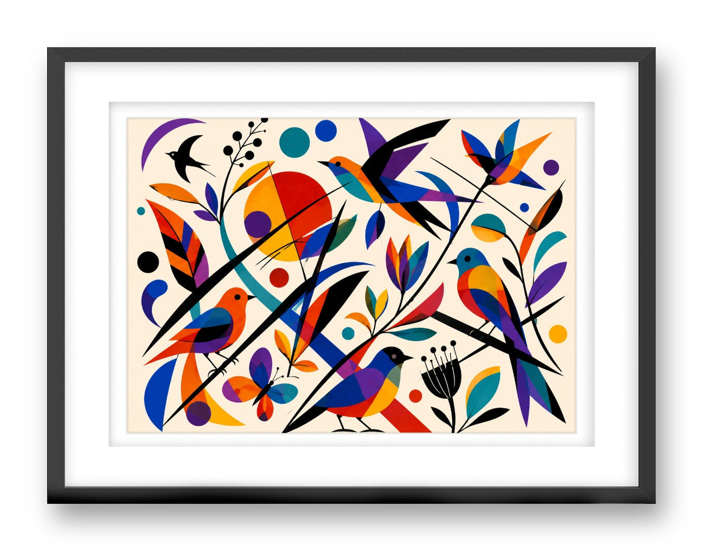 Geometric Bird Painting printed on fine art paper, framed on a black frame and matted.