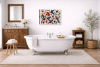 Geometric Bird Painting printed on canvas wall art displayed on a bathroom wall .
