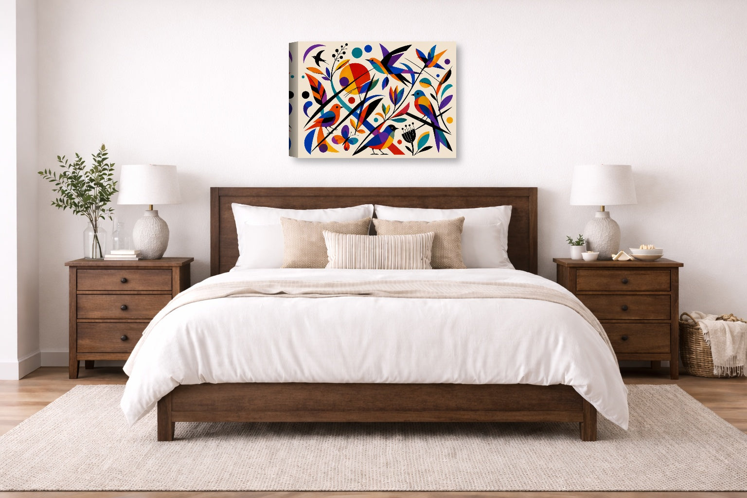 Geometric Bird Painting printed on canvas wall art displayed on a wall above a bed.