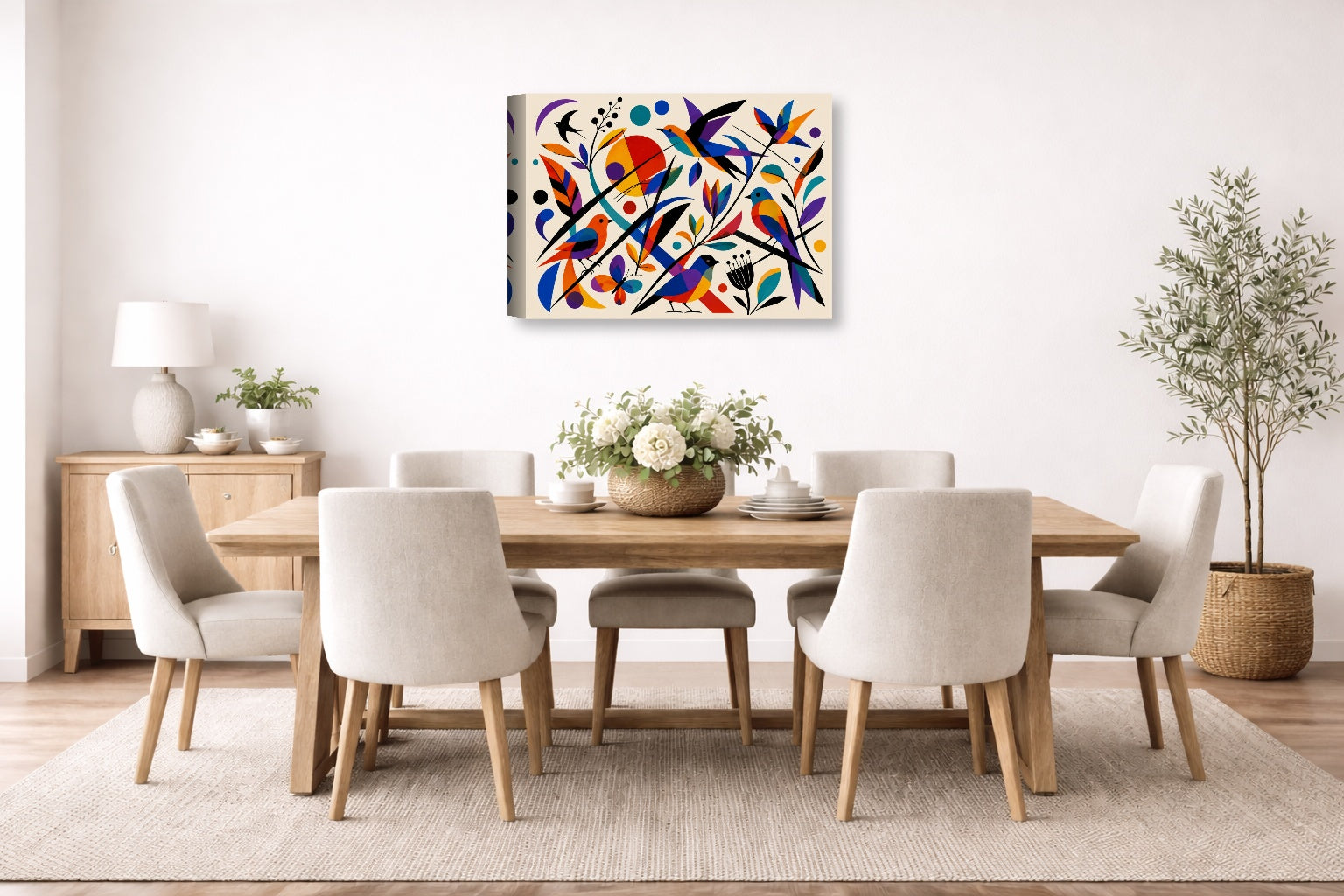 Geometric Bird Painting printed on canvas wall art displayed on a wall in the dinning room