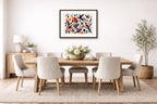 Geometric Bird Painting printed on fine art paper, framed on a espresso frame and matted. Hung on a dinning room wall