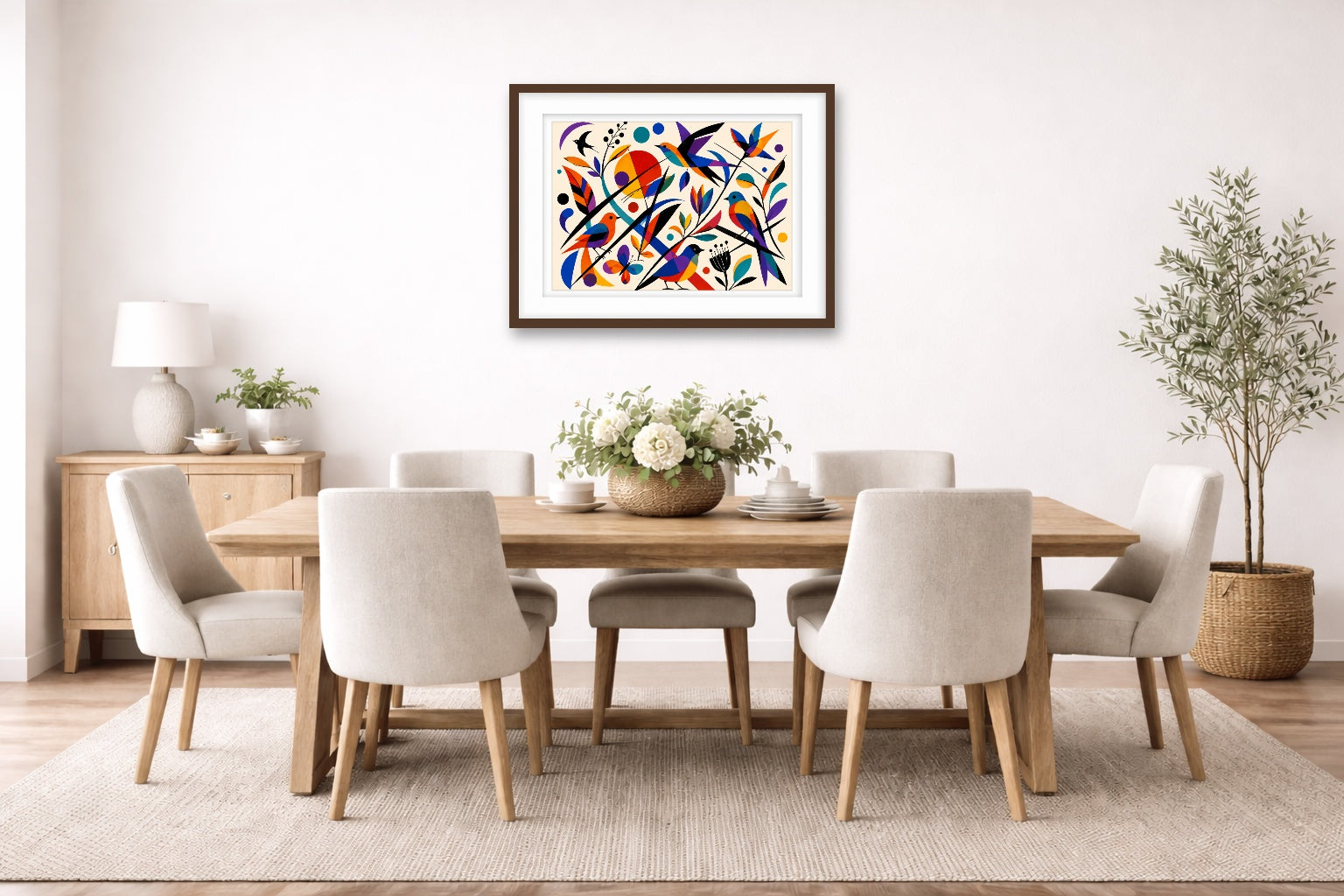 Geometric Bird Painting printed on fine art paper, framed on a espresso frame and matted. Hung on a dinning room wall