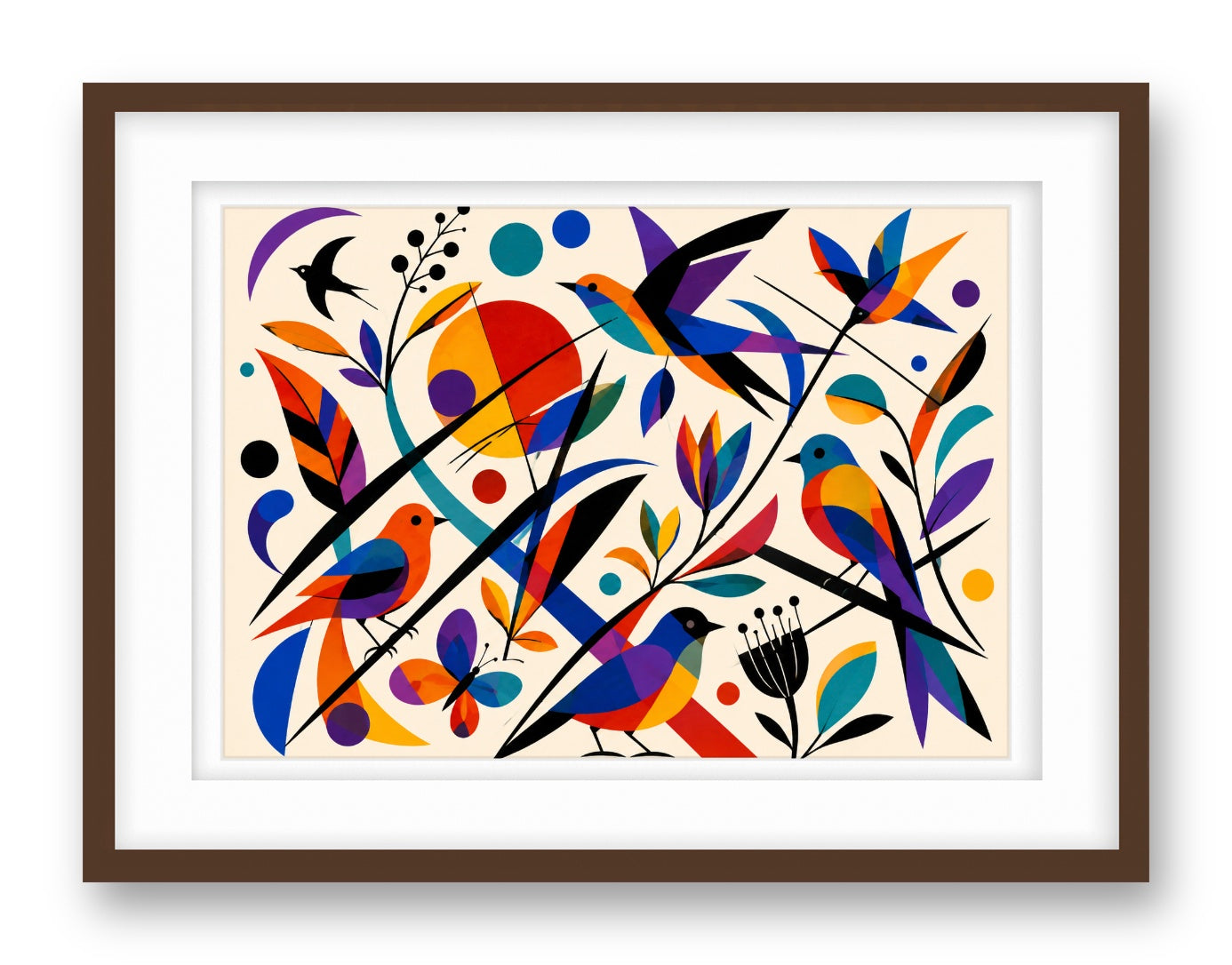 Geometric Bird Painting printed on fine art paper, framed on a espresso frame and matted.
