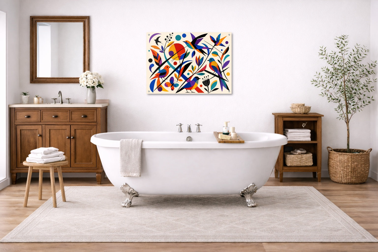 Geometric Bird Painting printed on aluminum metal with wall anchors. Hung on a bathroom wall.