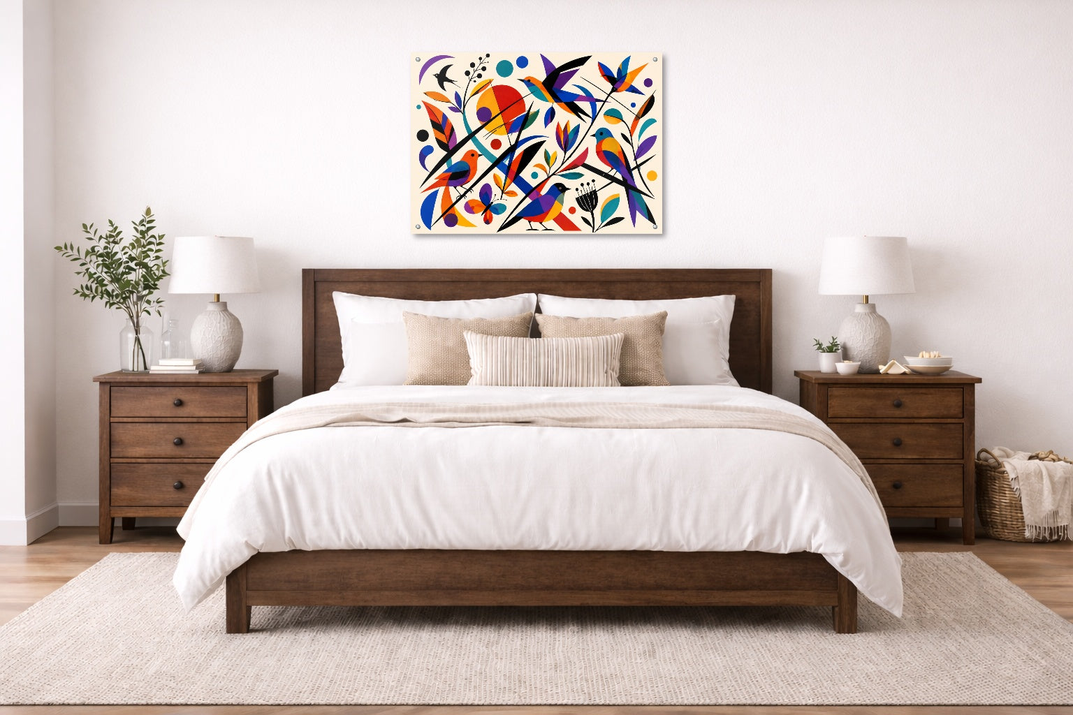 Geometric Bird Painting printed on aluminum metal with wall anchors. Hung on a bedroom wall.