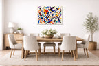 Geometric Bird Painting printed on aluminum metal with wall anchors. Hung on a dining room wall.