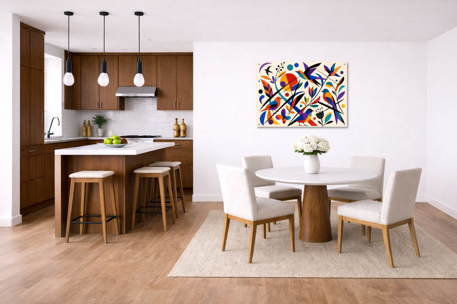 Geometric Bird Painting printed on aluminum metal with wall anchors. Hung on a kitchen-dinette wall.