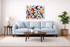 Geometric Bird Painting printed on aluminum metal with wall anchors. Hung on a living room wall.